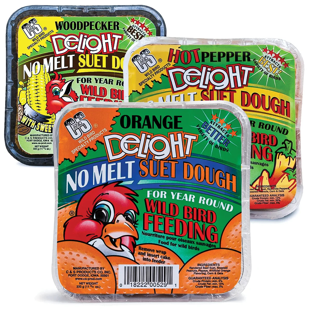 No Melt Suet Sampler, Set of 6, showcasing three suet block varieties: Orange, Hot Pepper, and Woodpecker Delight, ideal for mess-free, year-round bird feeding.