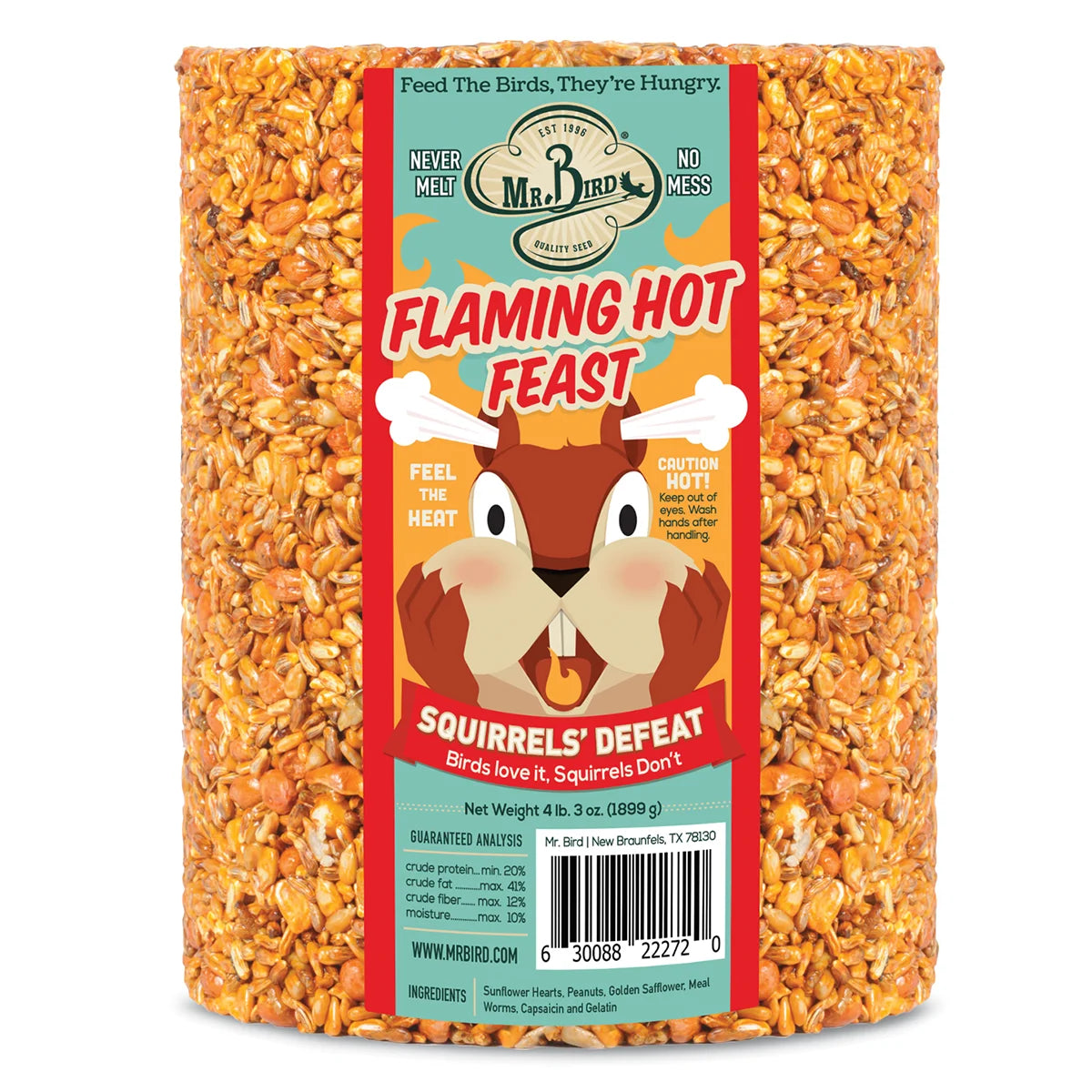 Flaming Hot Feast Seed Log, Jumbo, a suet-style bird feed cake repelling squirrels with capsaicin, features sunflower hearts, peanuts, mealworms, and safflower.
