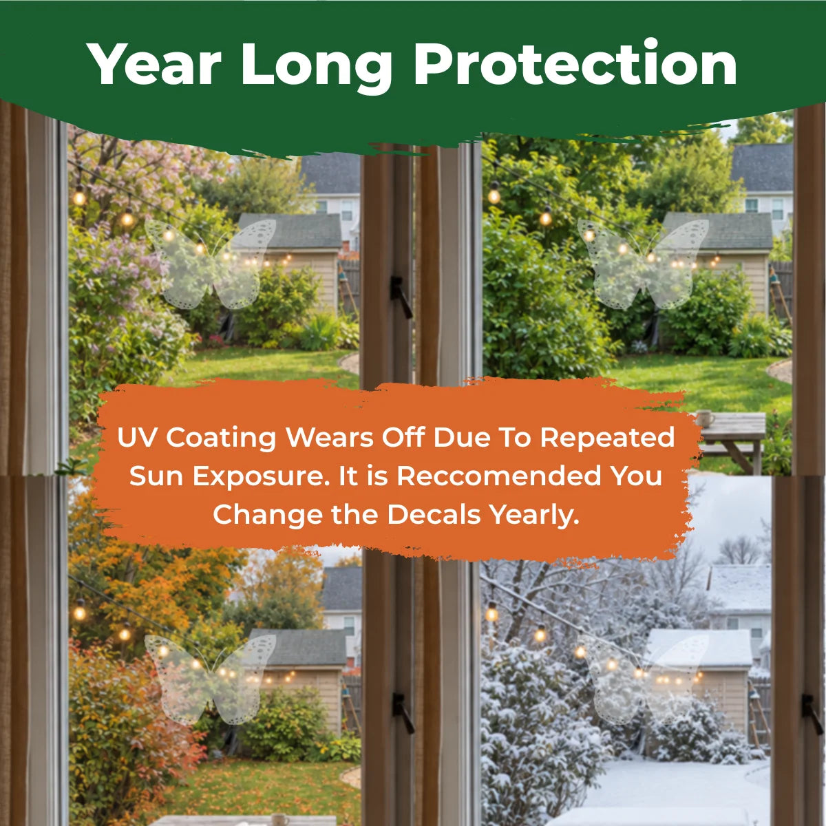 Butterfly bird-safe window decals shown through spring, summer, fall, and winter with a reminder to replace them yearly.