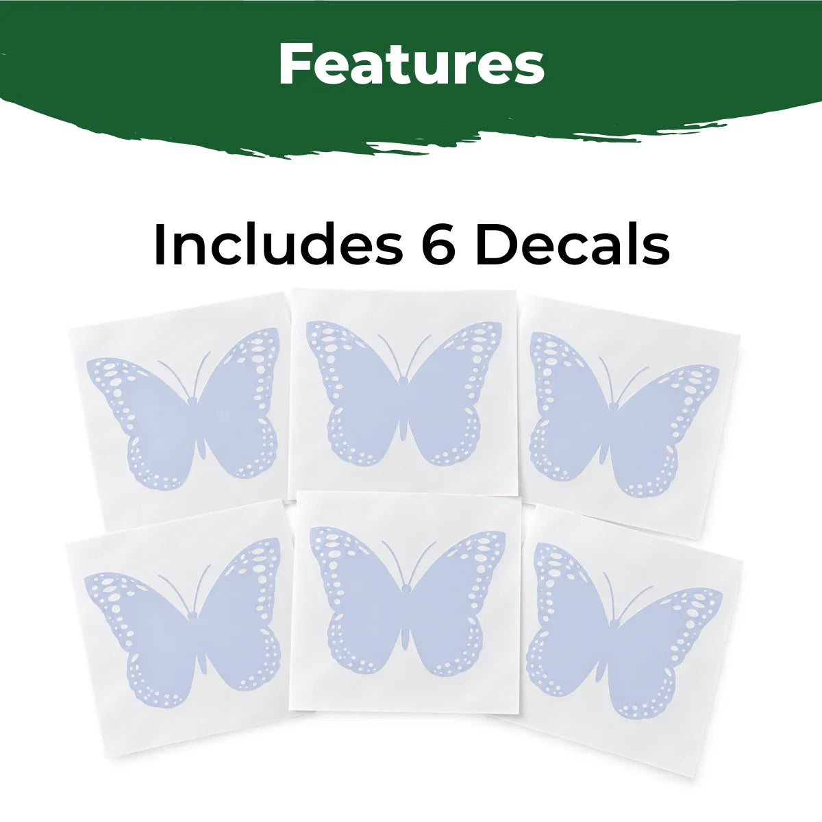 Six translucent butterfly window strike decals shown on individual backing sheets.