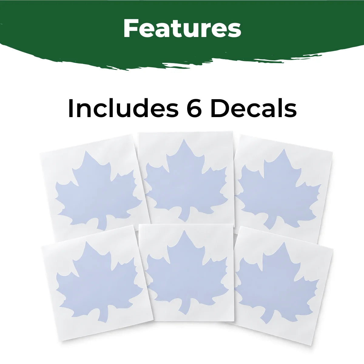 Six translucent maple leaf window strike decals shown on individual backing sheets.