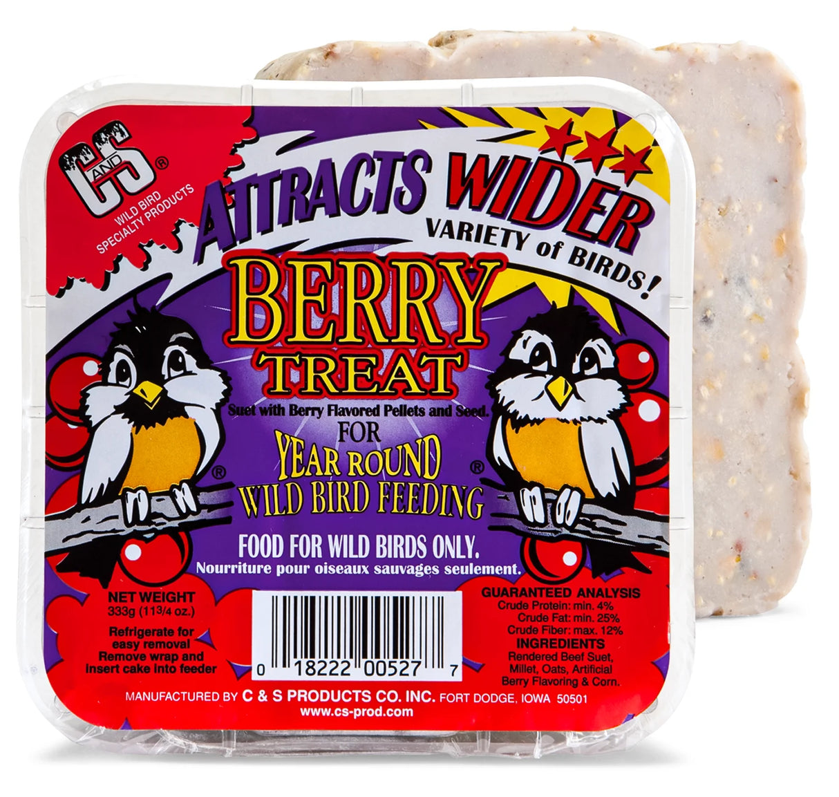 Berry Treat Suet Cakes by C & S Products in colorful packaging, showcasing a visible suet block with berry-flavored ingredients, attracting diverse wild birds year-round.