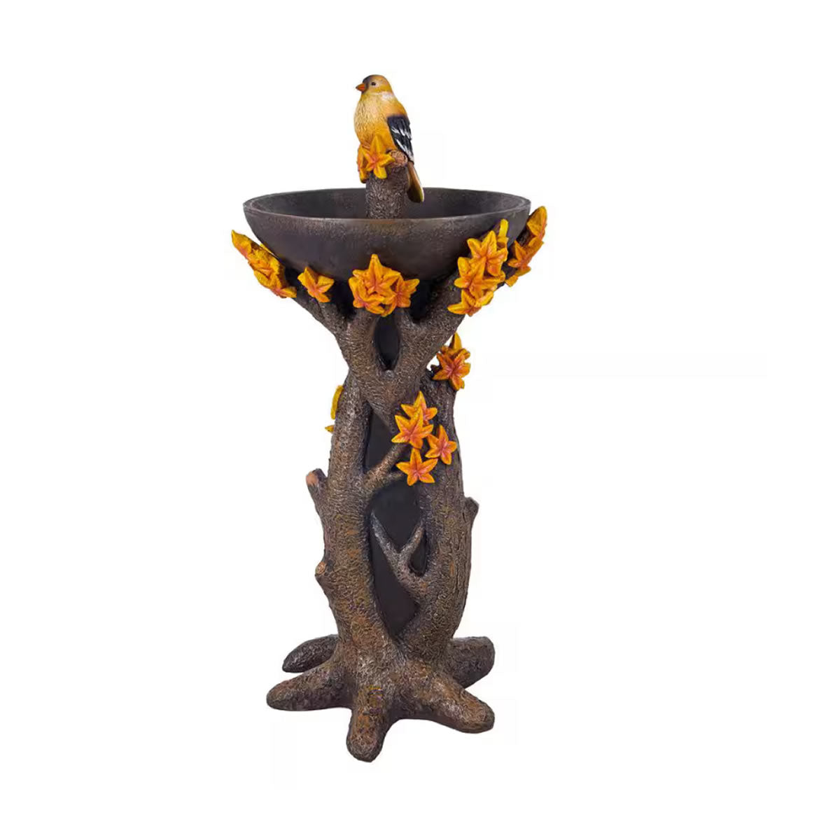 Maple Tree Resin Bird Bath featuring a goldfinch on a branch, designed like a tree trunk, offering a whimsical touch to outdoor spaces.