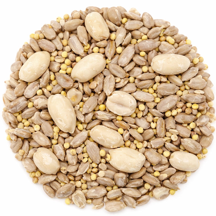 Duncraft Shell Free Blend Wild Bird Seed, available in 5 or 20-lb bags, featuring a no-waste mix of split peanuts, sunflower chips, and hulled millet.
