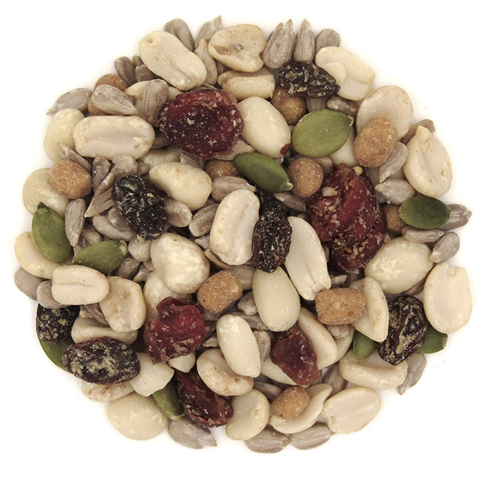 Duncraft Nuts & Bugs Wild Bird Seed, 5-lb bag, featuring a blend of split peanuts, sunflower chips, suet nuggets, and fruits, ideal for woodpeckers.