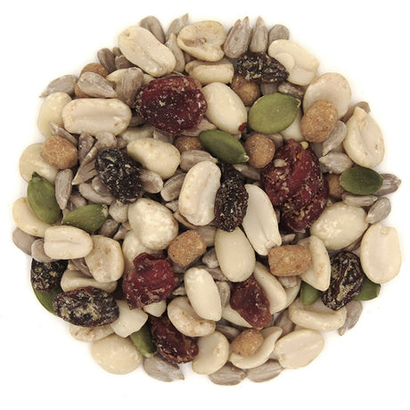 Duncraft Nuts & Bugs Wild Bird Seed, 5-lb bag, featuring a blend of split peanuts, sunflower chips, suet nuggets, and fruits, ideal for woodpeckers.