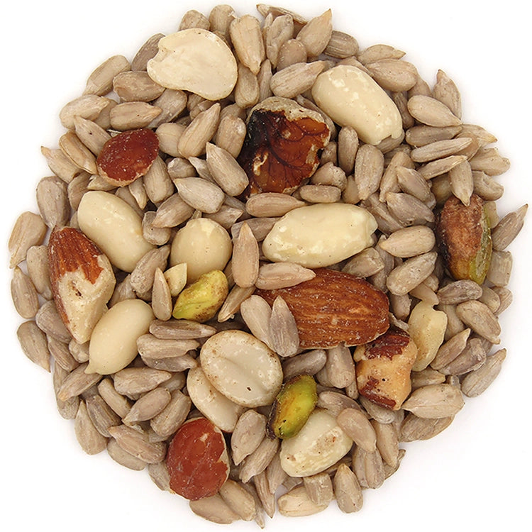 Duncraft Shell Free No-Millet Blend Wild Bird Seed, 5 or 20-lb bag, featuring a pile of sunflower chips, shelled peanuts, and tree nuts.