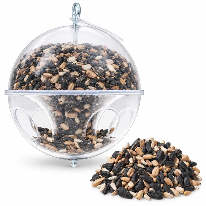 Duncraft Cling A Wing Bird Feeder with a 5 lb bag of Cardinal Delight Seed on a white background.
