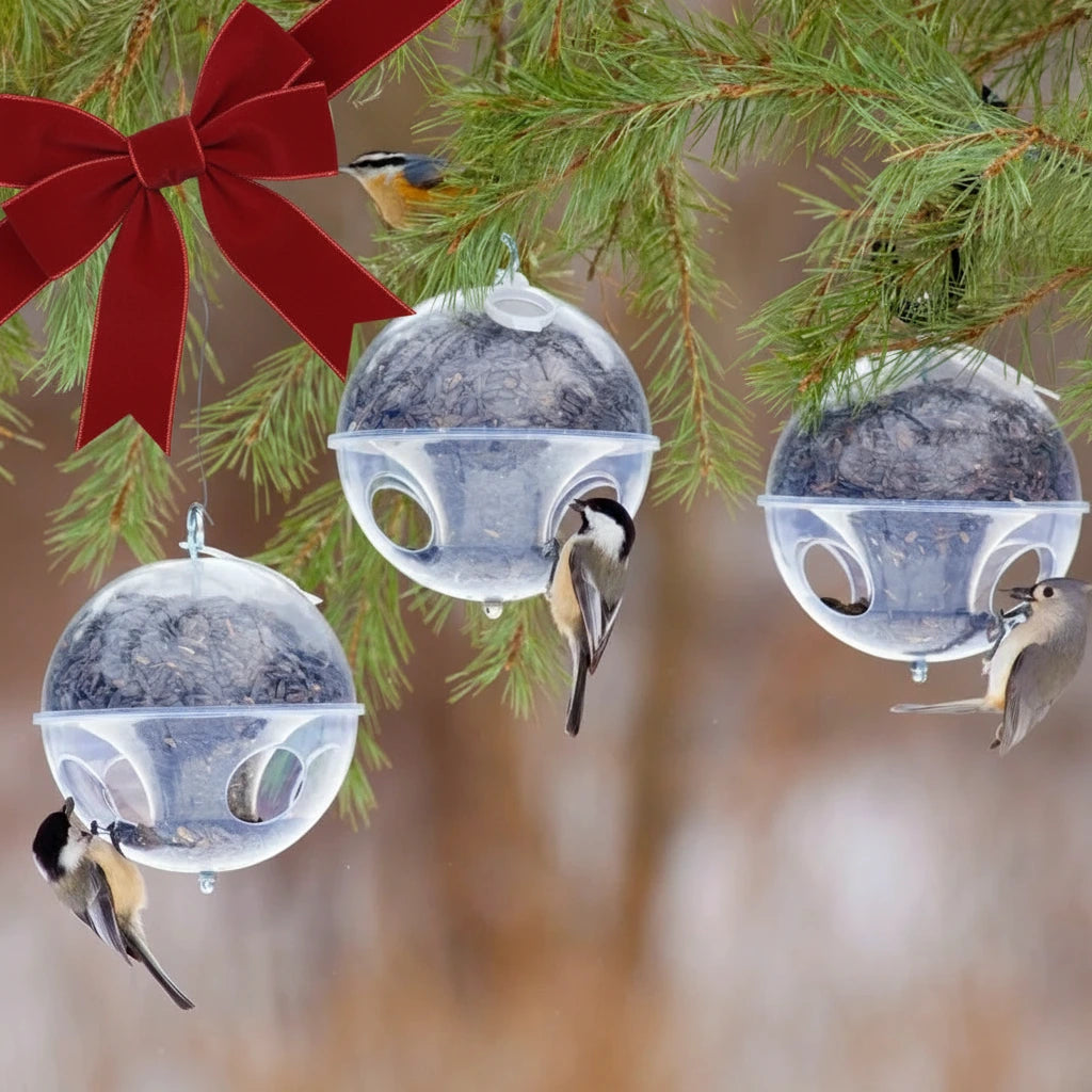 Duncraft Cling-A-Wing, Set of 3: Birds feeding from globe-shaped, starling-resistant feeders on tree branches. Features four feeding ports and weather-protected hopper.