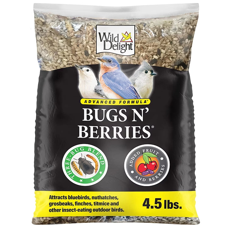 Wild Delight Bugs N' Berries Wild Bird Seed, 4.5-lb bag, featuring sunflower kernels, dried insects, and fruits for attracting a variety of birds.