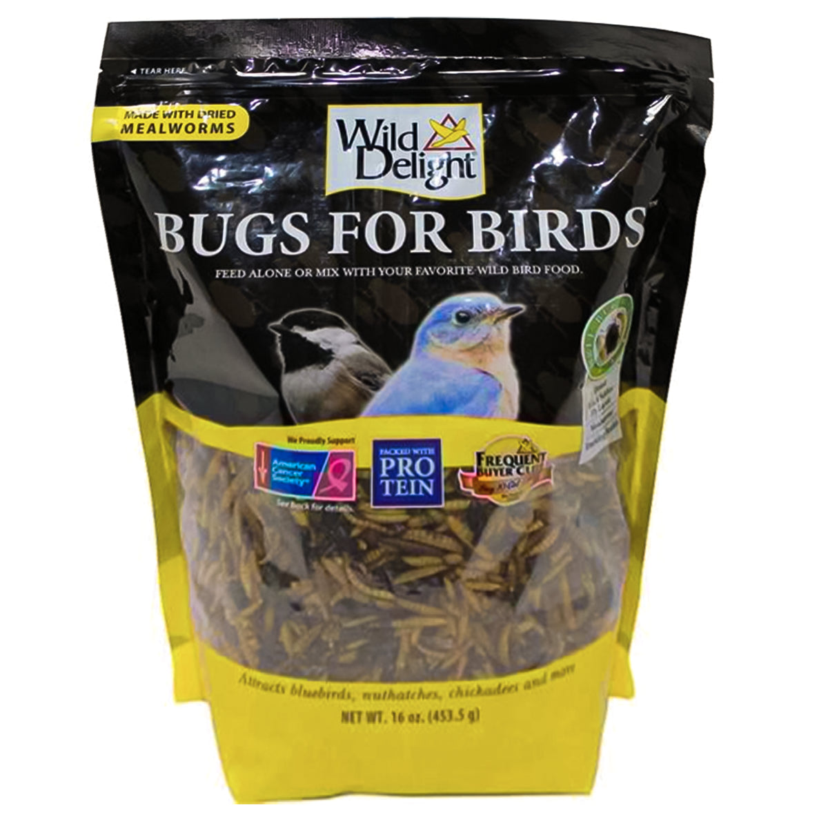 Wild Delight Bugs For Birds, 16 oz. bag shown alongside a close-up of a bird, highlighting the premium, protein-rich blend for attracting insect-eating birds.