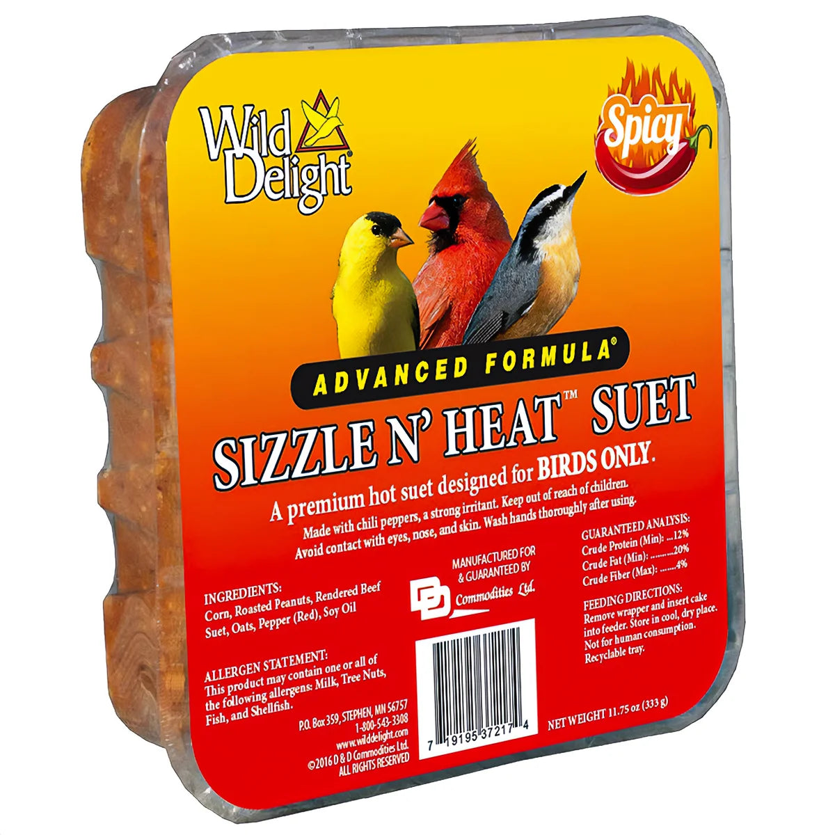 Wild Delight Sizzle N' Heat Suet Cakes package with a spicy suet block for birds, featuring bird graphics, chili pepper warnings, ingredients, and feeding directions.