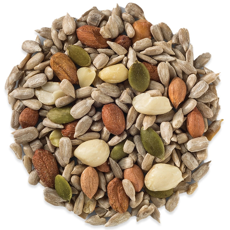 Wild Delight Deck, Porch N' Patio Wild Bird Seed, 20-lb bag, featuring a mix of sunflower kernels, peanuts, pistachios, and hulled pumpkin seeds for no-waste feeding.