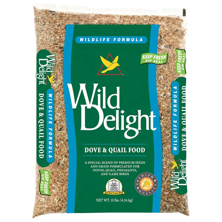 Wild Delight Dove & Quail Food Wild Bird Seed, 10-lb bag, labeled seed mix for attracting doves, quail, and other birds.