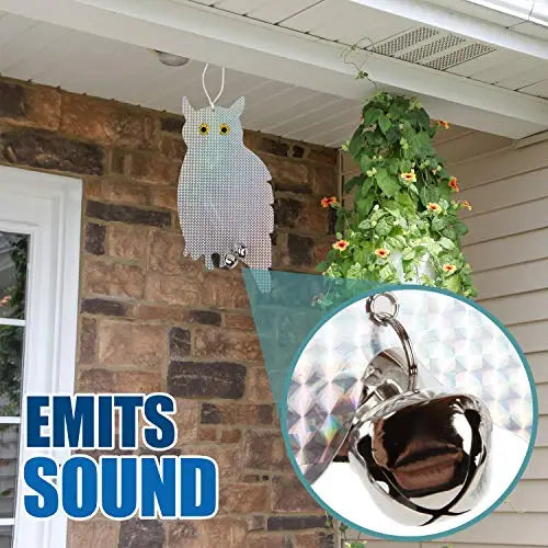 Owl Bird Repellent Reflective Holographic, 2 Pack, hanging against a brick wall, mimicking a predator to deter birds with its lifelike, iridescent appearance.