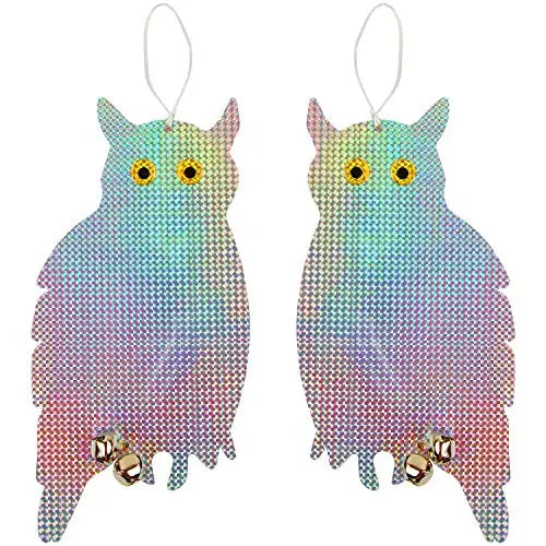 Owl Bird Repellent Reflective Holographic, 2 Pack: Two owl-shaped tags with bells, designed as bird deterrents with iridescent surfaces for gardens and patios.