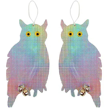 Owl Bird Repellent Reflective Holographic, 2 Pack: Two owl-shaped tags with bells, designed as bird deterrents with iridescent surfaces for gardens and patios.