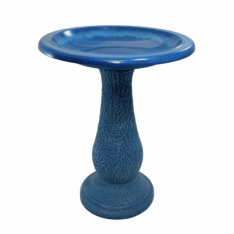 Navy Blue Fiber Clay Bird Bath with pedestal, featuring a full-sized basin for birds, lightweight and easy to move, stands 24 inches tall on a white background