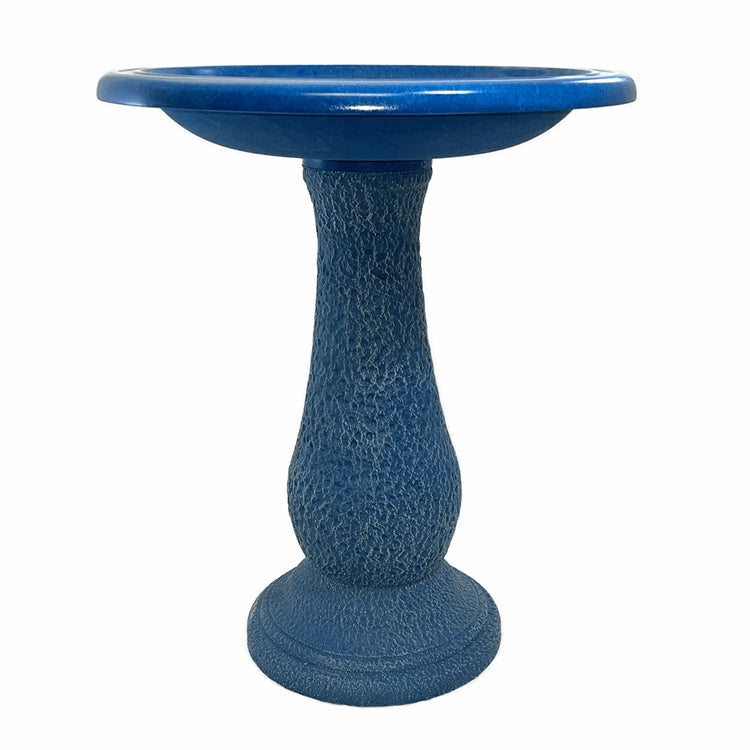 Navy Blue Fiber Clay Bird Bath with pedestal, featuring a full-sized basin for birds, lightweight and easy to move, stands 24 inches tall on a white background