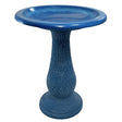 Navy Blue Fiber Clay Bird Bath with pedestal, featuring a full-sized basin for birds, lightweight and easy to move, stands 24 inches tall.
