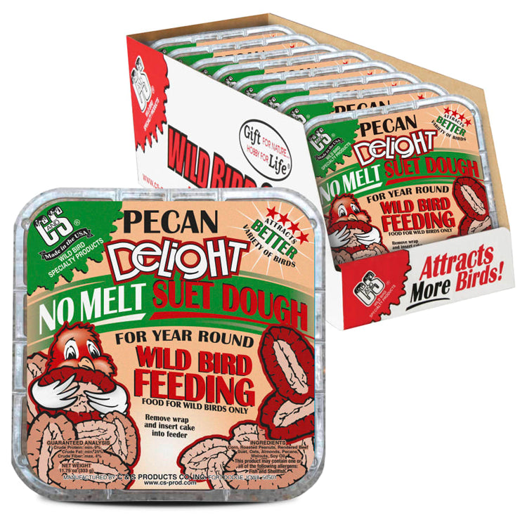 Pecan Delight Suet Cakes in foil packs, displayed in a box. Designed for wild birds, featuring pecans and nuts, perfect for year-round feeding.