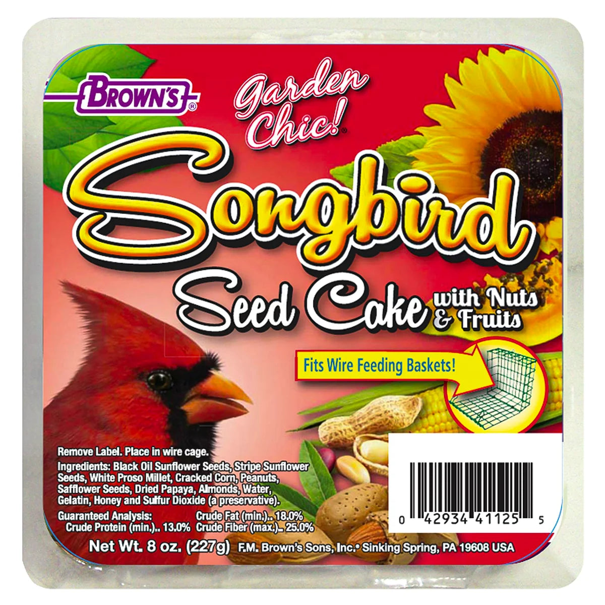 Songbird Fruits & Nut, 8 Seed Cakes by Brown’s Garden Chic, featuring a seed mix label with cardinal and sunflower images, ideal for wire feeding baskets.