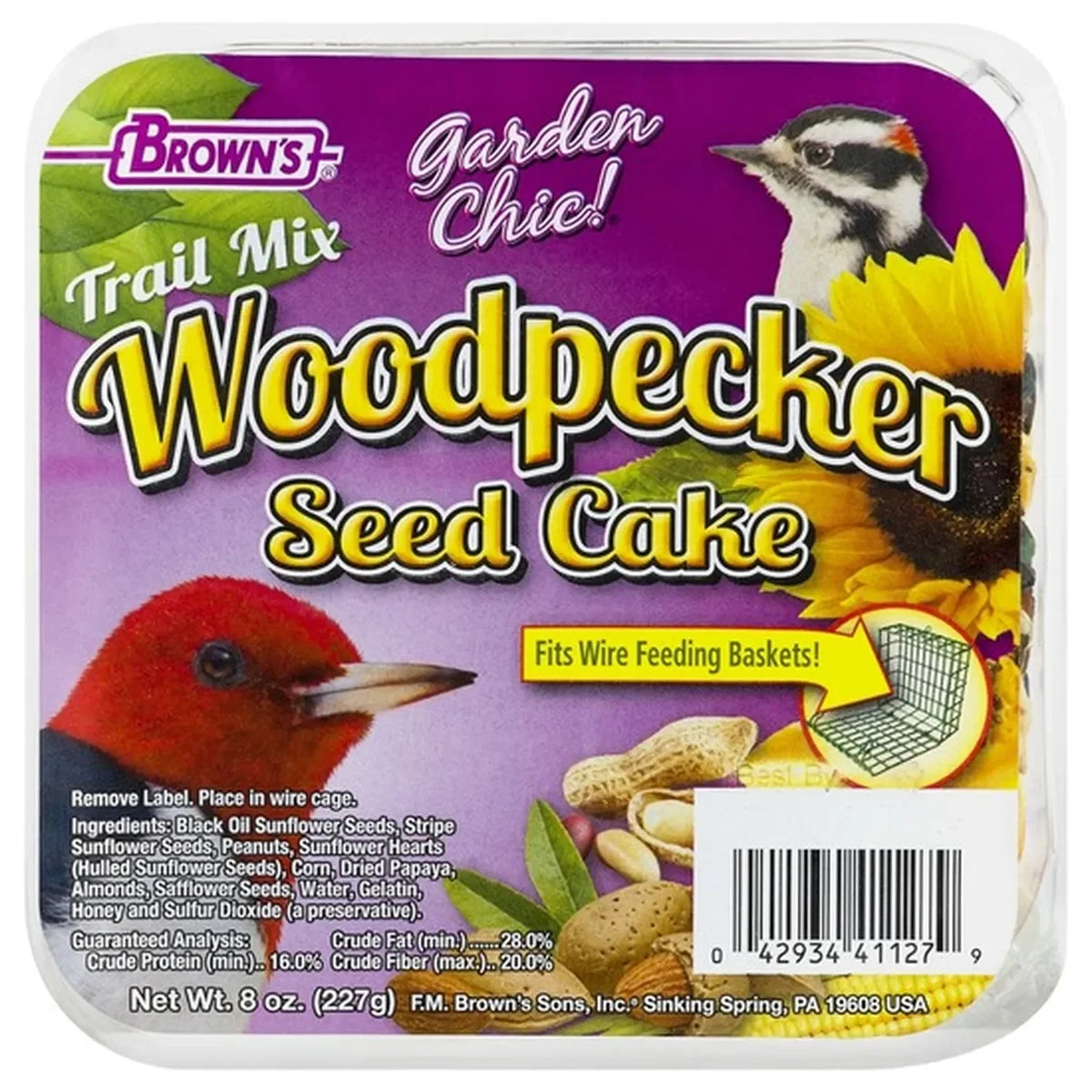Woodpecker Trail Mix, 8 Seed Cakes: Packaged square seed cake featuring a mix of sunflower seeds, peanuts, and more, designed for wire feeding baskets for birds.