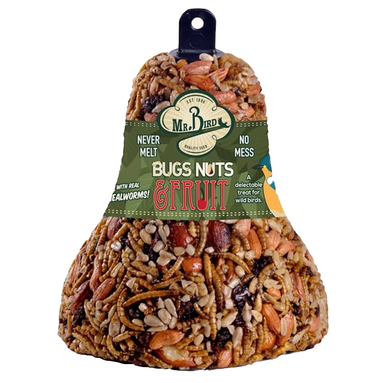 A bell-shaped bag of Mr. Bird Bugs Nuts & Fruit bird seed, featuring a green label with product details and a black hanging tab, set against a plain white background.