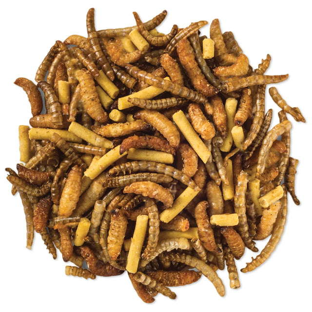 Duncraft High Protein Trail Mix Wild Bird Food in a resealable 6 oz. bag, featuring roasted waxworms, mealworms, and insect suet pellets for insect-eating birds.