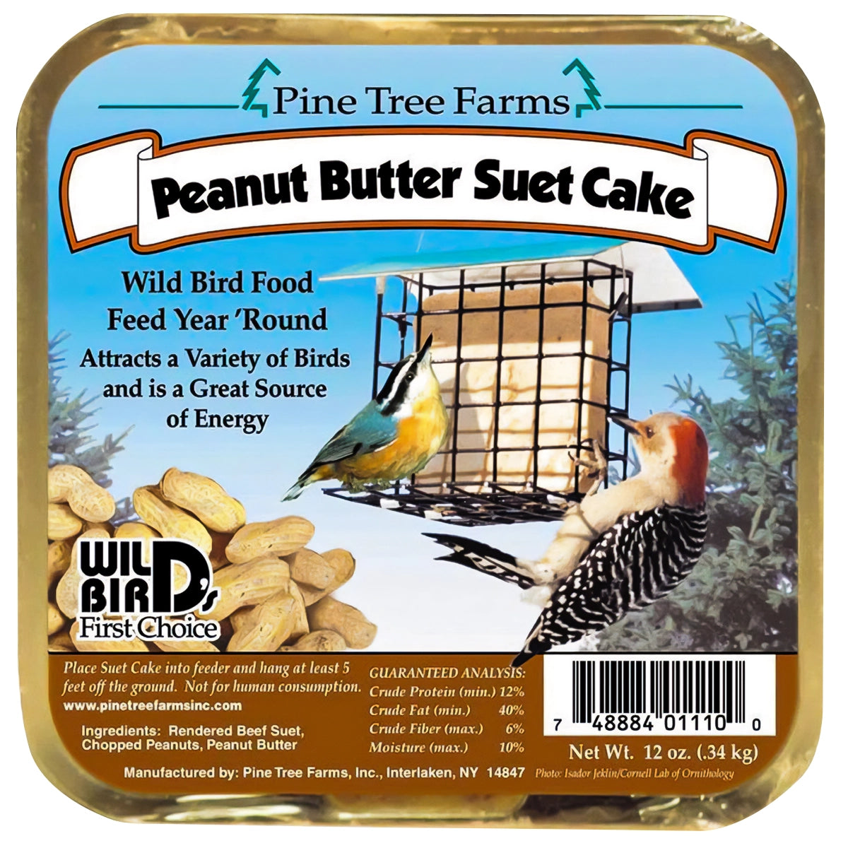 Peanut Butter Suet, 12 Cakes: Square suet block in wire feeder with illustrated peanuts, woodpecker, and nuthatch. Wild Bird Food label emphasizes energy-rich bird nutrition.