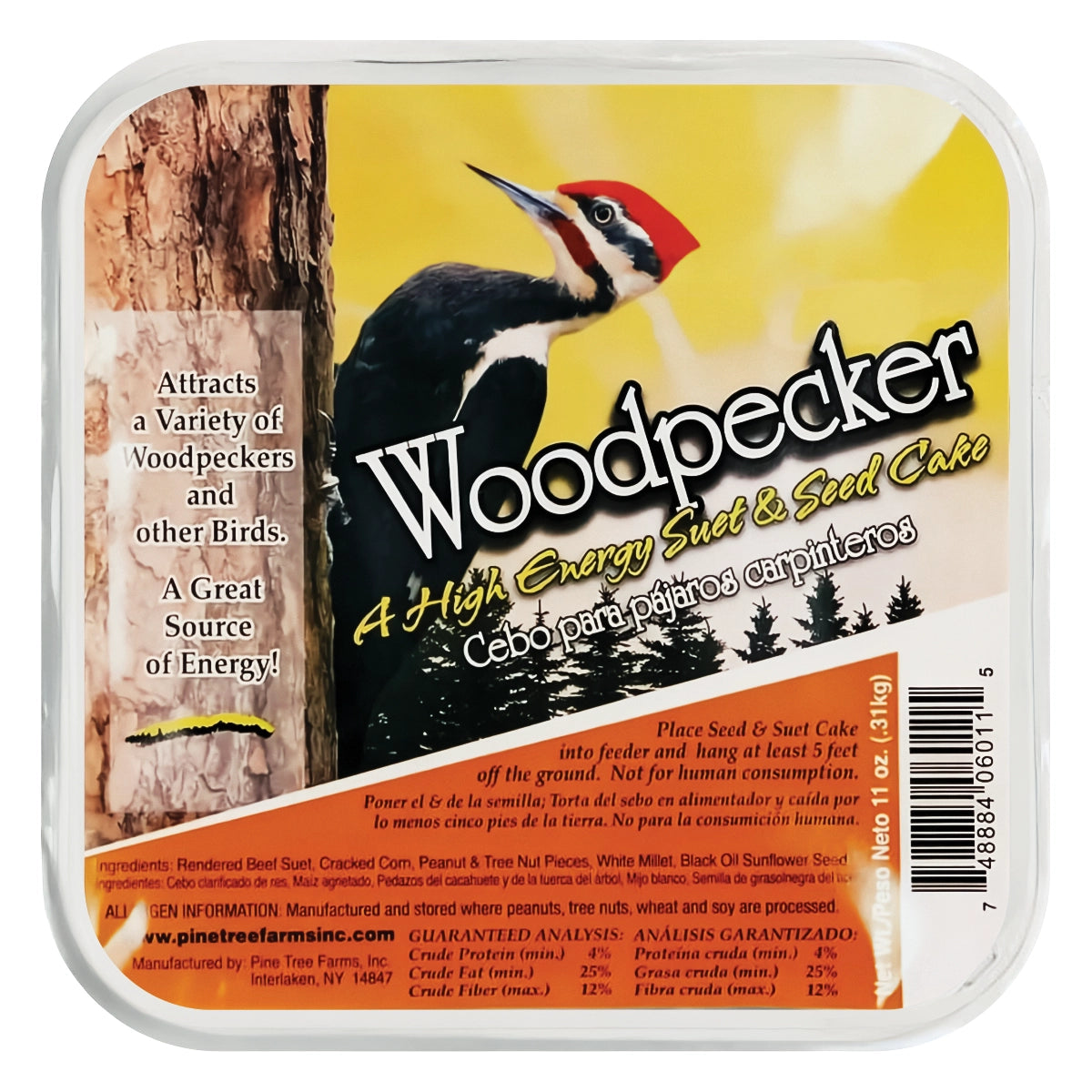 Woodpecker Hi Energy, 12 Cakes: Packaged suet and seed cake for woodpeckers, featuring a woodpecker photo, bilingual label, and feeding instructions; contains beef suet, corn, nuts, and seeds.
