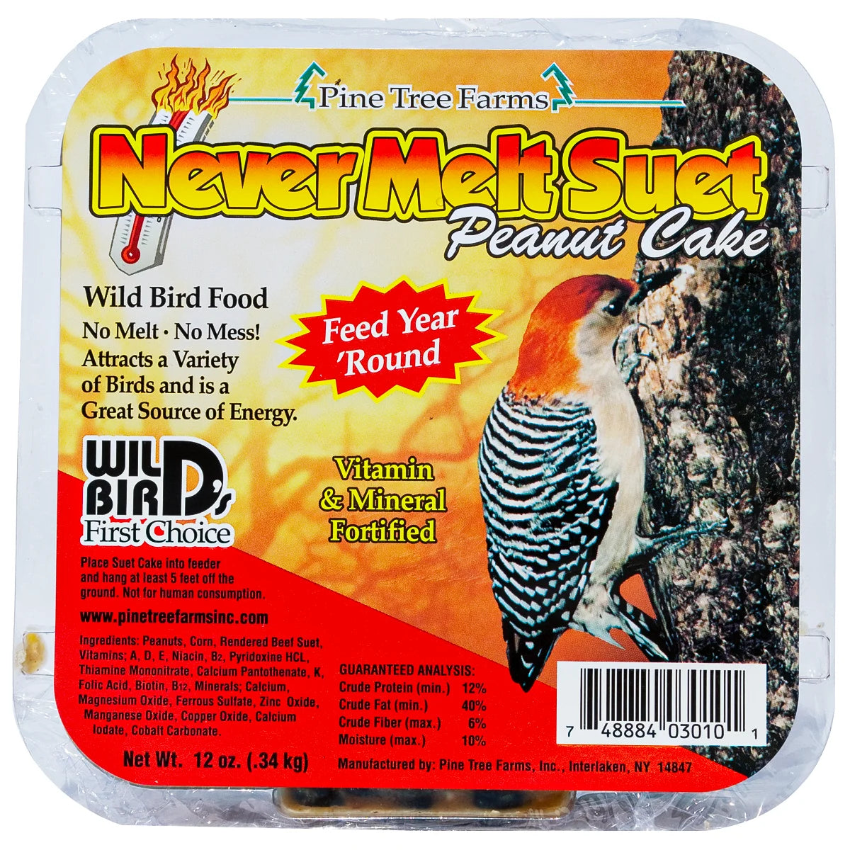 Never Melt Peanut, 12 Cakes: Packaged suet block with peanuts and vitamins. Label shows woodpecker feeding, and includes feeding instructions and ingredient details.