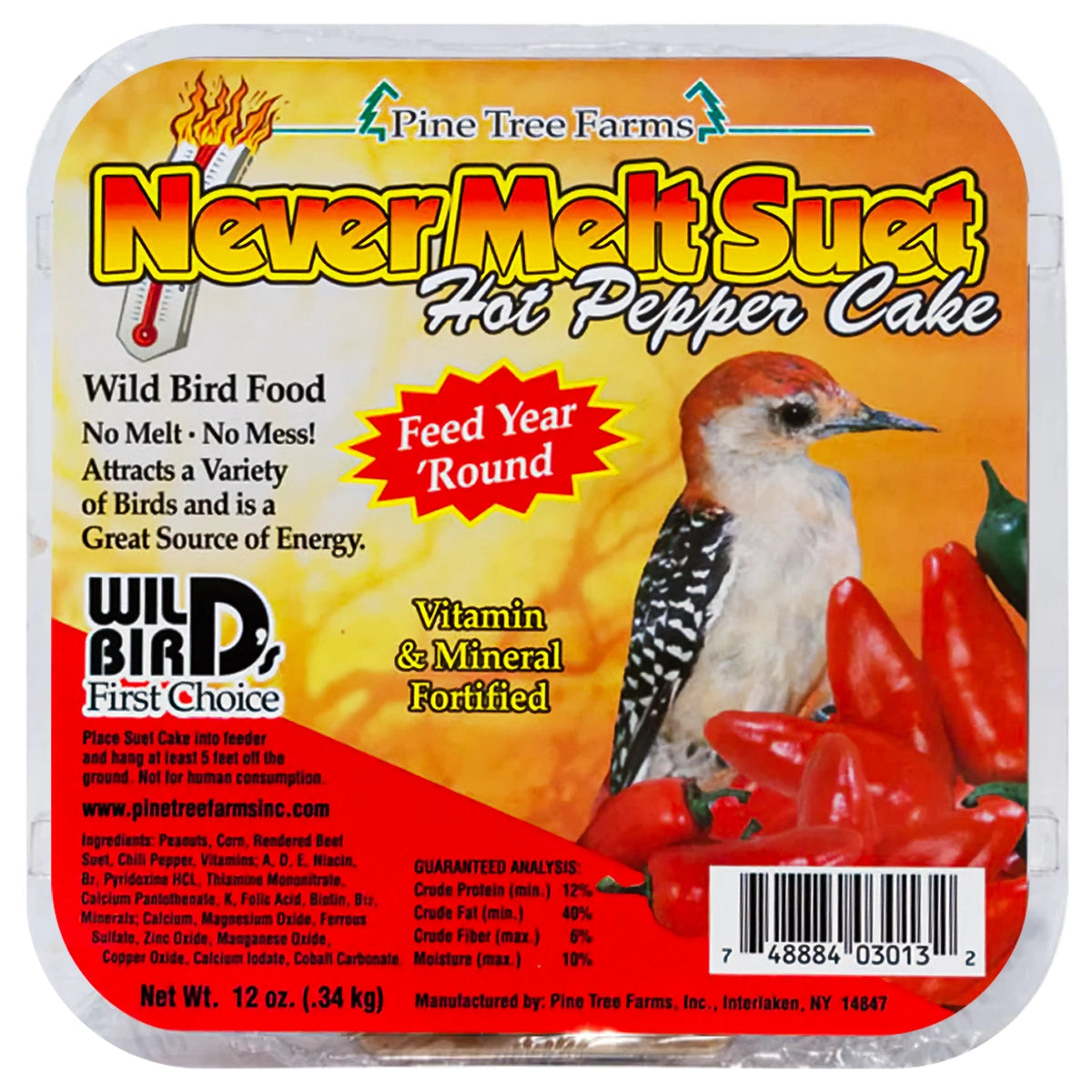 Never Melt Hot Pepper, 12 Cakes: Packaged suet block featuring a woodpecker and chili peppers, fortified with vitamins, suitable for year-round bird feeding.