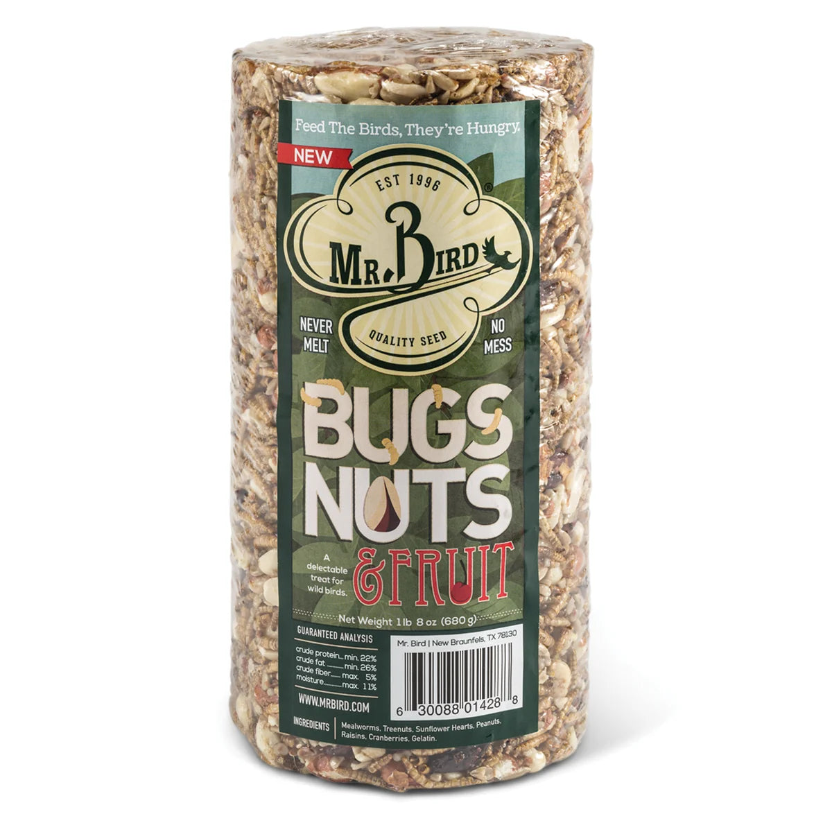 Bugs, Nuts & Fruit Cylinder Small: A 24 oz. cylindrical bird feed with mealworms, nuts, and fruits, ideal for outdoor hanging or platform feeders.