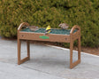 Duncraft EZ Move Ground Platform Feeder with birds on a bench, featuring a raised tray and wire grid insert to prevent seed flicking.