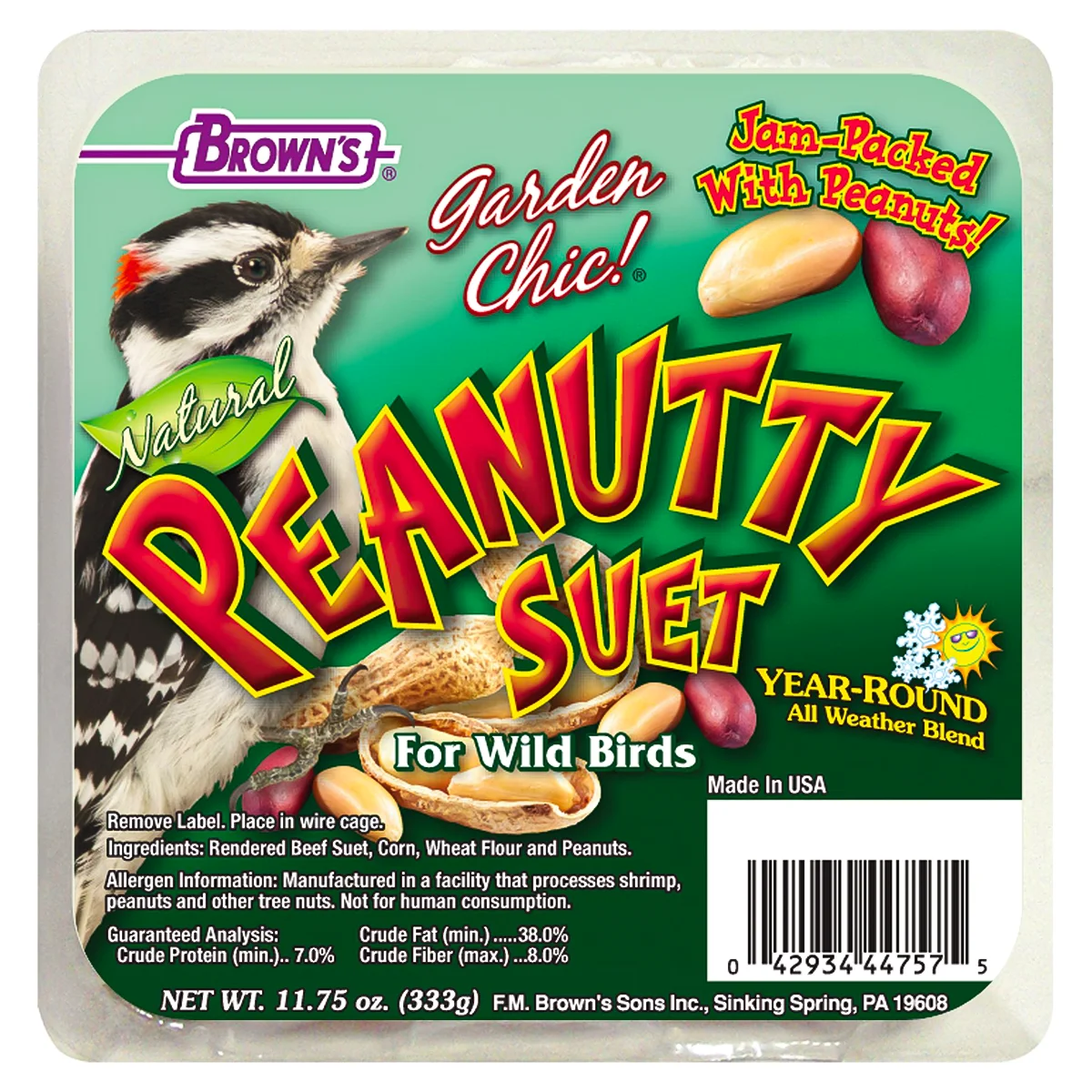 Peanutty Suet, 8 Cakes: Commercially packaged suet block for wild birds, highlighting jam-packed with peanuts for woodpeckers. Contains beef suet, corn, wheat flour, peanuts.