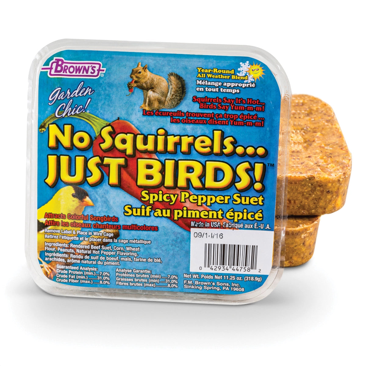No Squirrels Just Birds, 8 Cakes: Package of spicy pepper suet cakes in clear clamshell, deterring squirrels and attracting songbirds, ideal for year-round feeding.
