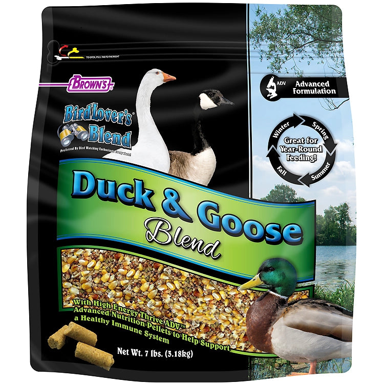 Brown's Bird Lover's Blend® Duck & Goose Blend Seeds, 7-lb bag, featuring high-energy nutrition pellets for waterfowl's healthy immune system, ideal for year-round feeding.