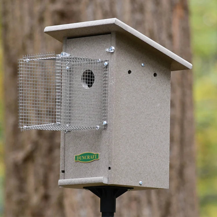 Duncraft Bird-Safe® Weathered Bluebird House & Pole with Noel Guard features a round entrance with a protective wire-mesh cage to deter predators.