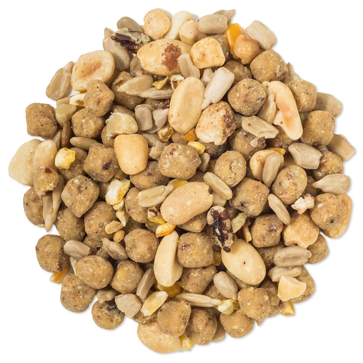Duncraft Bluebird Nut Feast Wild Bird Food in a close-up, showcasing a mix of shelled peanuts, sunflower hearts, cracked corn, and walnut bits in nugget form.