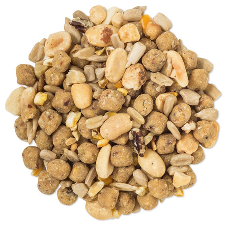 Duncraft Bluebird Nut Feast Wild Bird Food in a close-up, showcasing a mix of shelled peanuts, sunflower hearts, cracked corn, and walnut bits in nugget form.