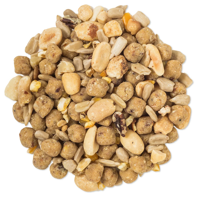 Duncraft Bluebird Nut Feast Wild Bird Food in a close-up, showcasing a mix of shelled peanuts, sunflower hearts, cracked corn, and walnut bits in nugget form.