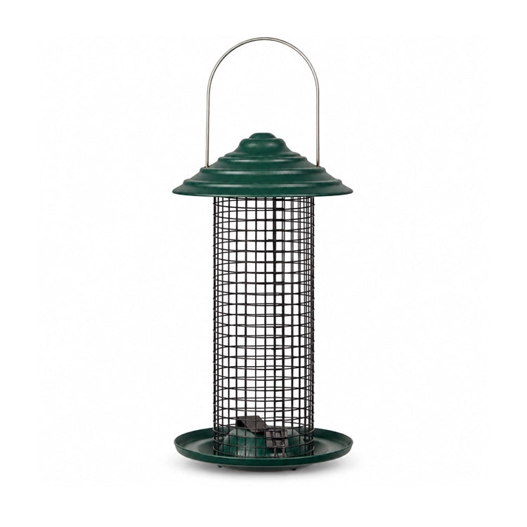 Green Mini Magnum bird feeder with a black wire mesh tube, domed roof, and round seed tray on a white background.