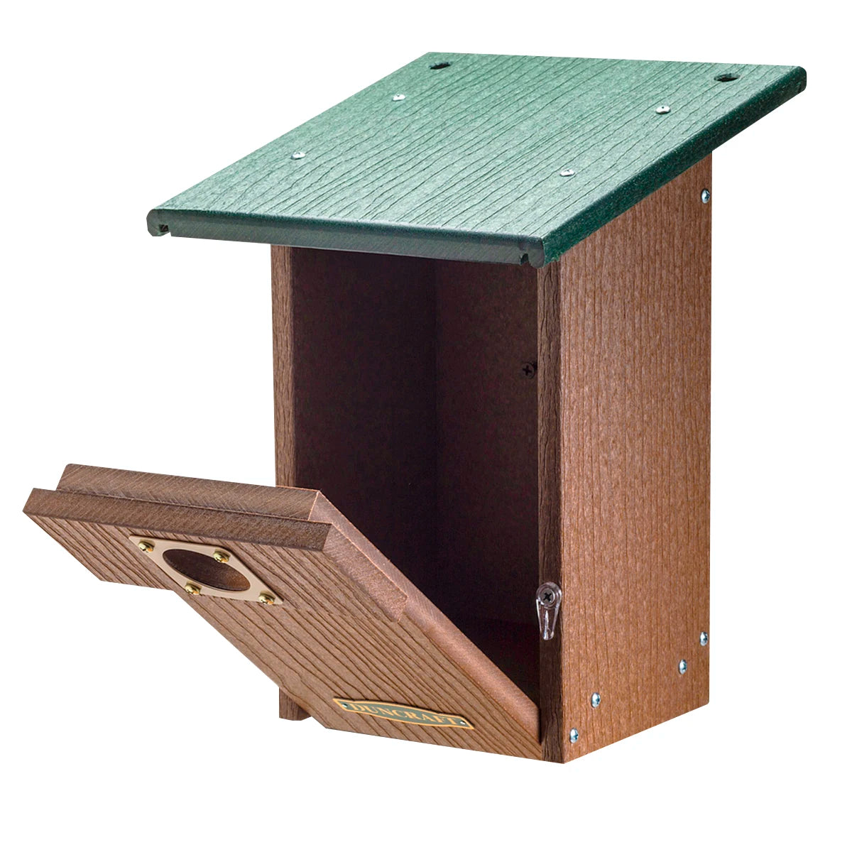 Duncraft Bluebird Landing View House & Pole, featuring a green roof and brown structure with pre-drilled holes for branches, offering bluebird nesting and viewing opportunities.