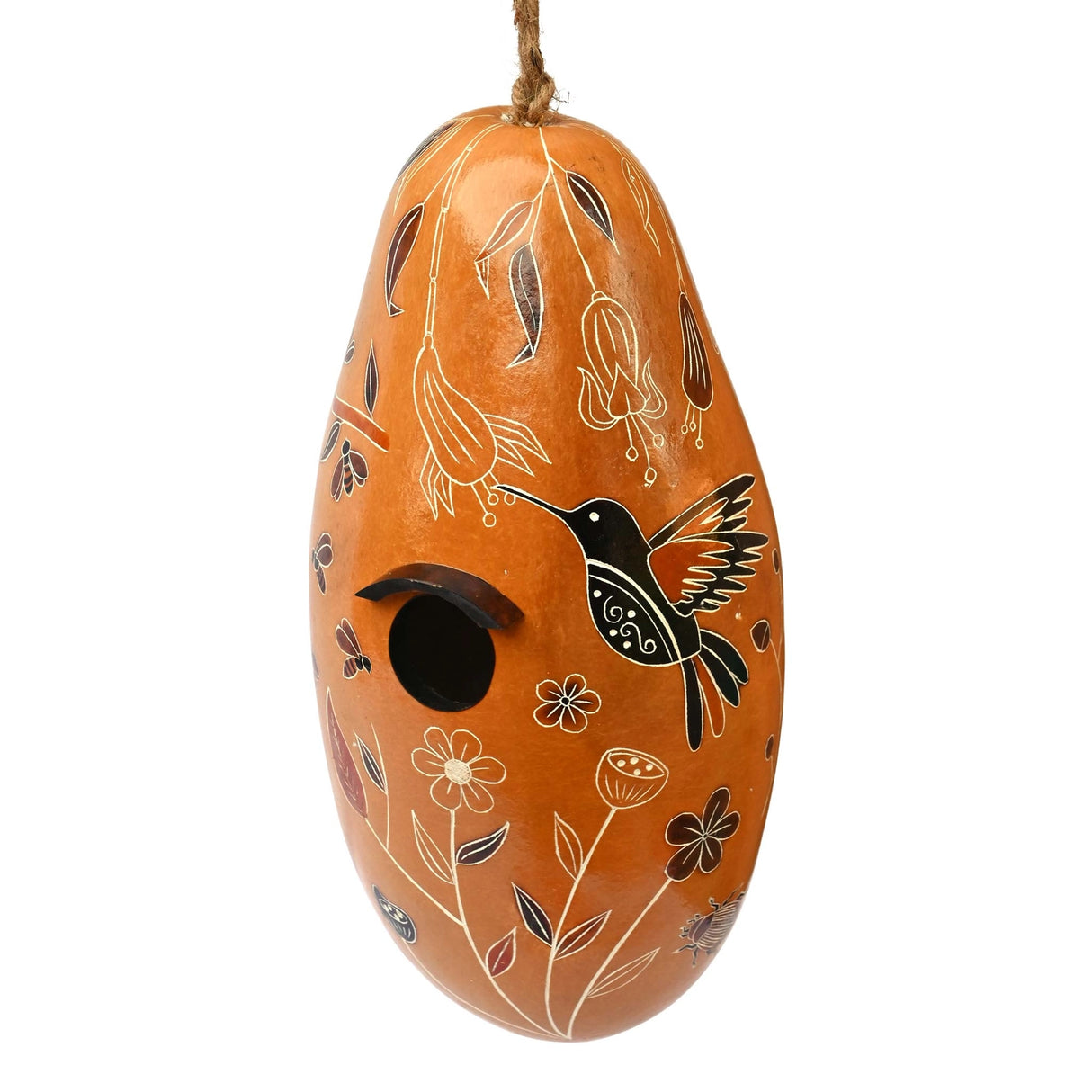 Day Pollinators Gourd Birdhouse featuring a bird perched on it, adorned with carved flowers and a hummingbird design, ready to hang for small birds.