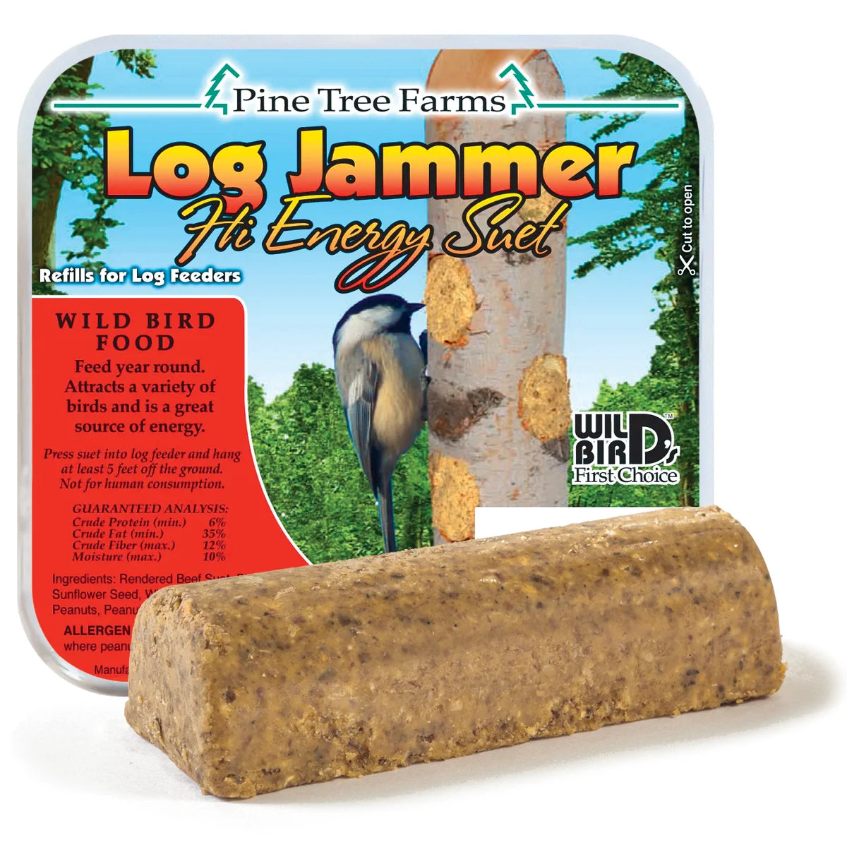 Log Jammer Hi-Energy, 12 Plugs—compressed suet blocks for wild birds, featuring chickadee imagery, ingredient highlights, and guaranteed nutritional analysis on the packaging.