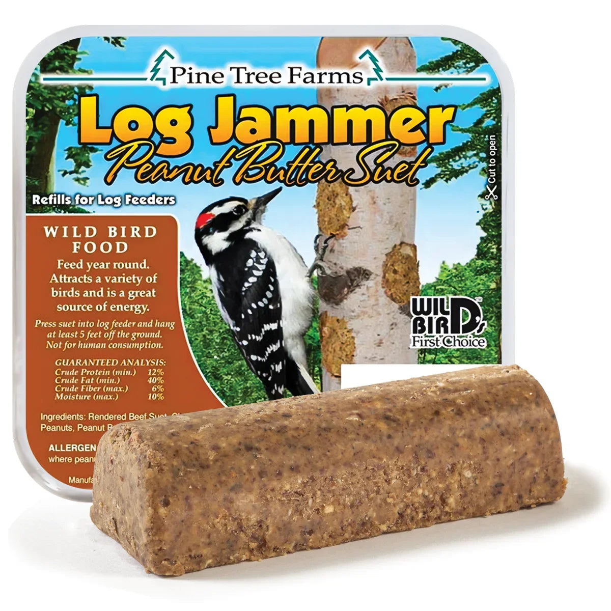 Log Jammer Peanut, 12 Suet Plugs package with a woodpecker image, highlighting suet block for wild bird feeders, featuring peanuts and sunflower hearts.