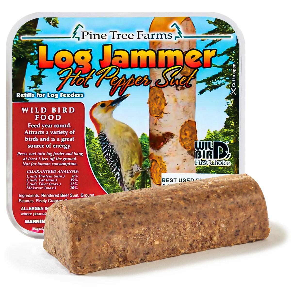 Log Jammer Hot Pepper, 12 Plugs: Wild-bird feeding suet blocks with beef, peanuts, and hot pepper, suitable for log-style feeders, attracting woodpeckers and clinging birds.