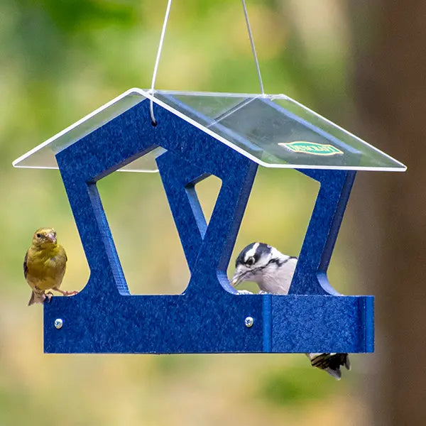 Duncraft Heritage Platform Feeder, Navy Blue, with two feeding ports, features a clear roof, mesh floor, and attracts songbirds like finches and woodpeckers.