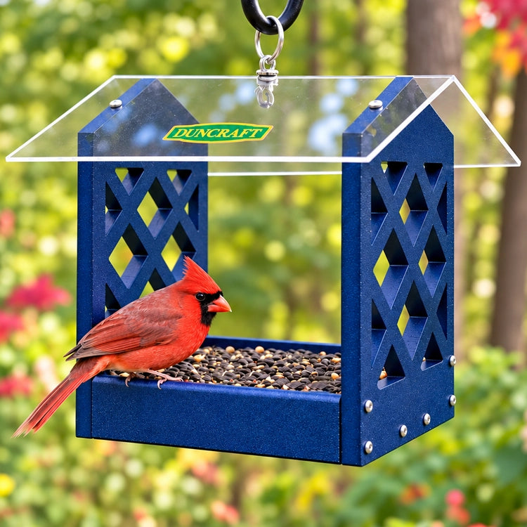 Duncraft Arbor Landing Platform Bird Feeder in blue with a chickadee and tufted titmouse enjoying bird seed in a colorful autumn garden.